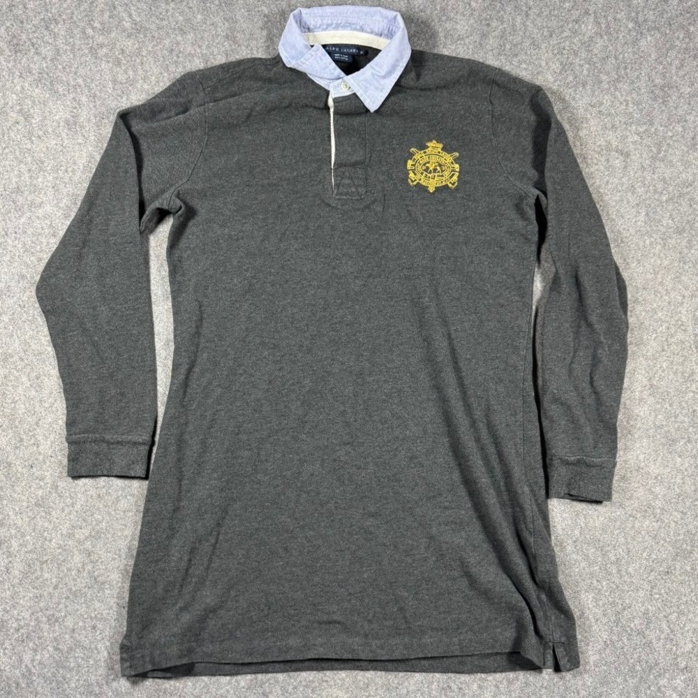 Ralph‎ Lauren Mens XL Gray Long Sleeve Rugby Shirt Blue Contrast Collar Crest